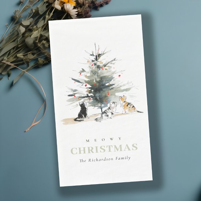 Cute Modern Watercolor Meowy Christmas Tree Cats  Napkin (Creator Uploaded)