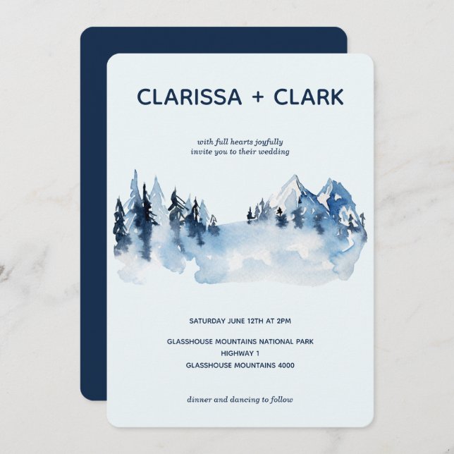 Cute Modern Watercolor Mountain Landscape Wedding Invitation (Front/Back)