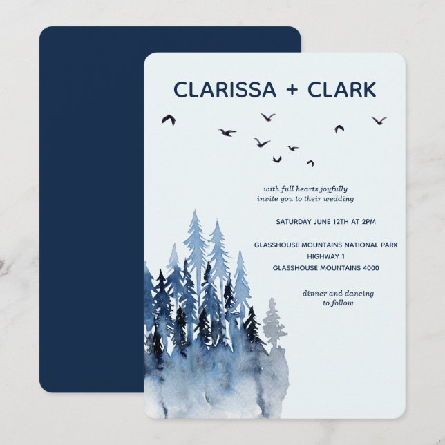 Cute Modern Watercolor Mountain Landscape Wedding  Invitation (Front/Back)
