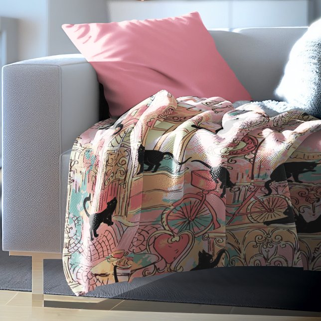 Cute Modern Watercolor Paris Cafe Cat Pattern Fleece Blanket (Creator Uploaded)