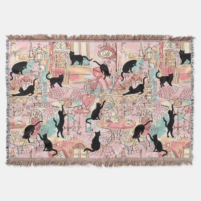 Cute Modern Watercolor Paris Cafe Cat Pattern Throw Blanket (Front)