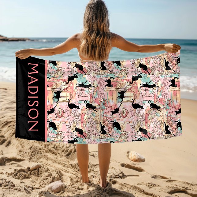 Cute Modern Watercolor Paris Cafe Cat Personalised Beach Towel (Creator Uploaded)