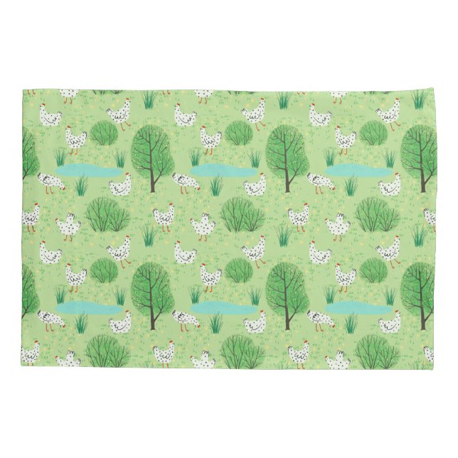 Cute Modern Whimsical Chicken Meadow Green Field Pillowcase (Back)