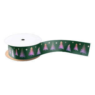 Cute Modern Winter Pink Trees Christmas  Green Satin Ribbon