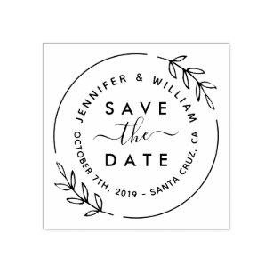 Cute Modern Wreath & Stylish Script Save The Date Rubber Stamp
