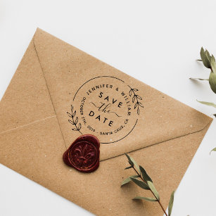 Cute Modern Wreath & Stylish Script Save The Date Rubber Stamp