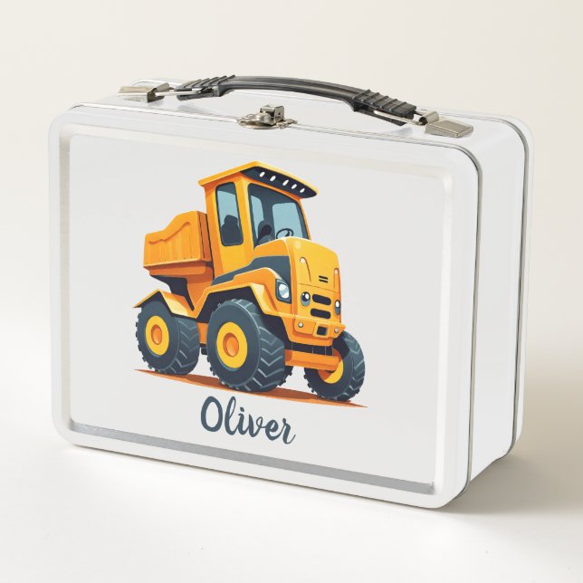 Cute Modern Yellow Construction Truck Metal Lunch Box (Front)