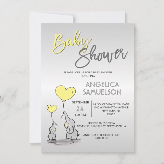 Cute Modern YELLOW Mummy Elephant & Baby Shower Invitation (Front)