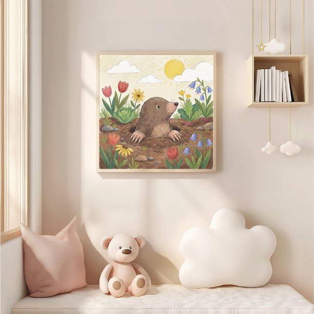 Cute Mole And Flowers Crayon Drawing Kid Poster (Creator Uploaded)