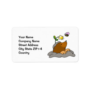 cute mole cartoon with a flower bee label