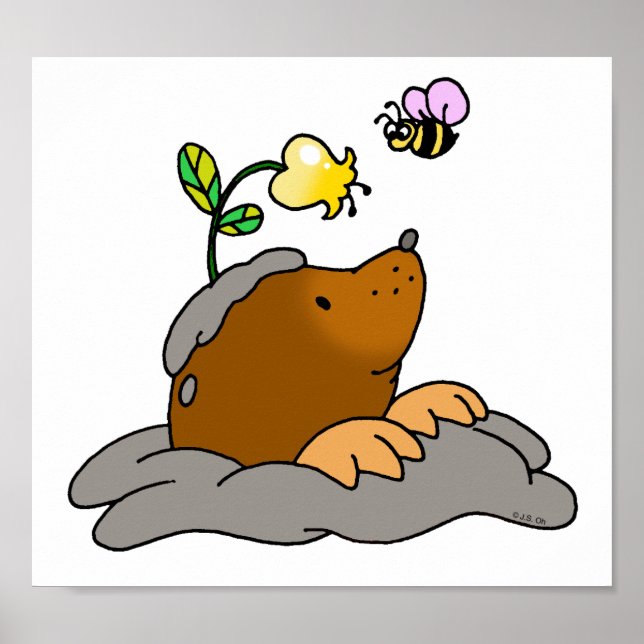 cute mole cartoon with a flower bee poster (Front)