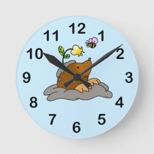 cute mole cartoon with a flower bee round clock