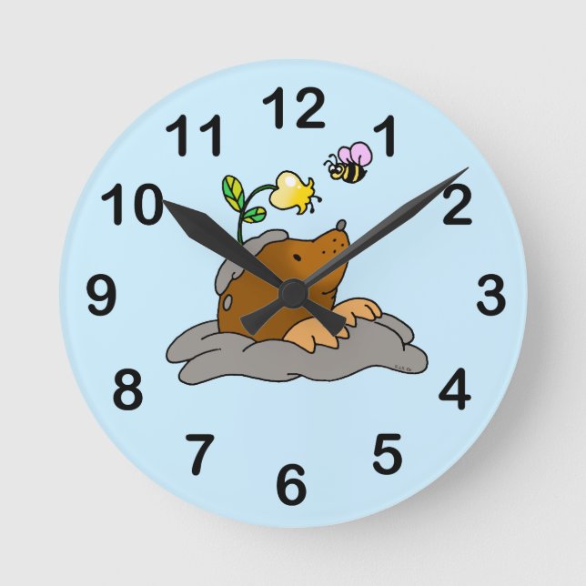cute mole cartoon with a flower bee round clock (Front)