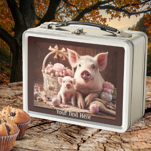 Cute Mom and Child Pig Metal Lunch Box
