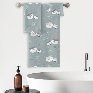 Cute Mom and Son Owl Pattern Blue-Gray Bath Towel Set