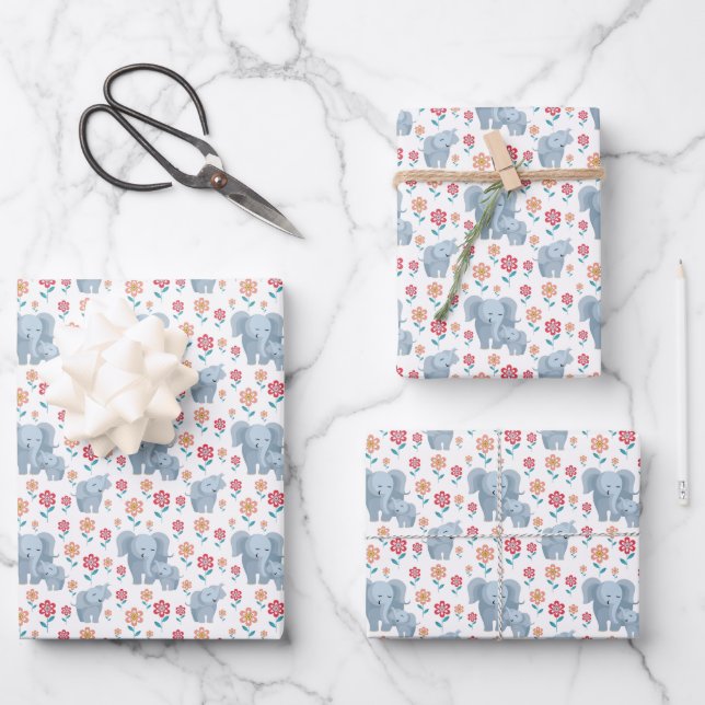 Cute Mom baby elephant tiled pattern Wrapping Paper Sheet (Front)