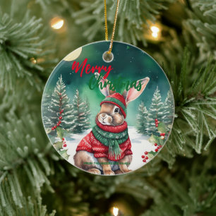 Cute MOM bunny rabbit santa Christmas Holiday name Ceramic Ornament