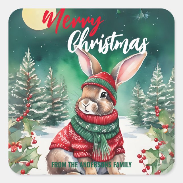 Cute MOM bunny rabbit santa Christmas Holiday name Square Sticker (Front)