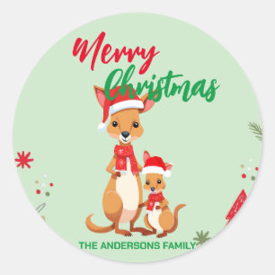 Cute MOM kid Kangaroo santa Christmas Holiday name Classic Round Sticker
