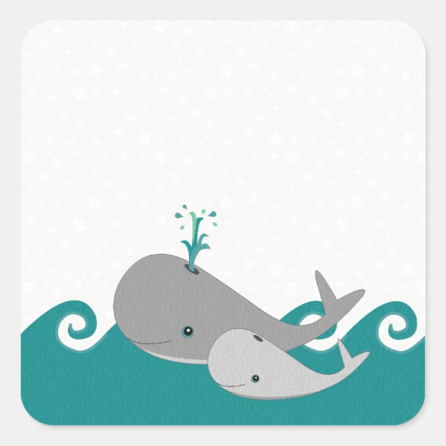 Cute Moma and Baby Whale on the Waves Square Sticker (Front)