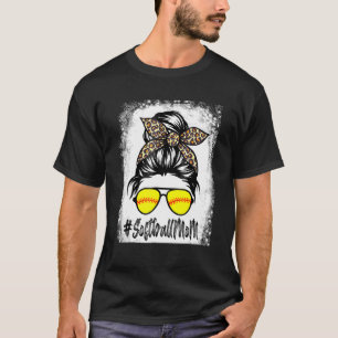 Cute Momlife Softball Mum Leopard Messy Bun Hair M T-Shirt
