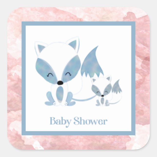 Cute Momma and Baby Fox Baby Shower Square Sticker (Front)