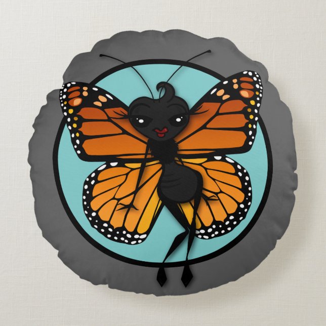 CUTE MONARCH BUTTERFLY LADY ROUND THROW PILLOW (Front)
