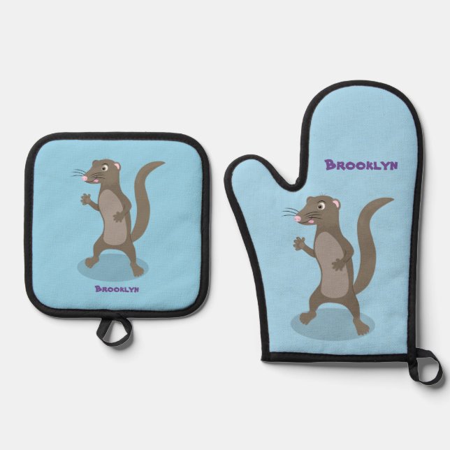Cute mongoose cartoon illustration oven mitt & pot holder set (Front)