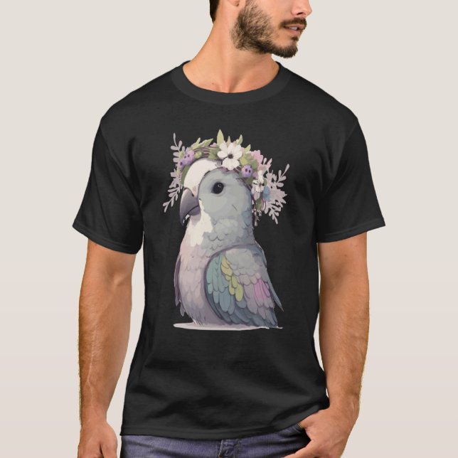 Cute Monk Parakeet Quaker Parrot Bird Flower Crown T-Shirt (Front)