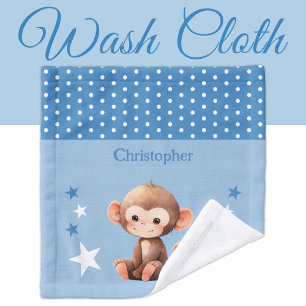 Cute monkey add name polka dots stars blue wash cloth