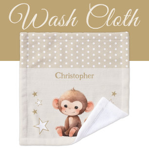 Cute monkey add name polka dots stars brown wash cloth