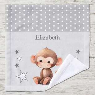 Cute monkey add name polka dots stars grey wash cloth