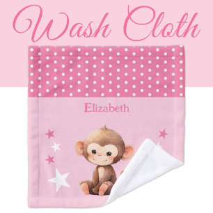 Cute monkey add name polka dots stars pink wash cloth
