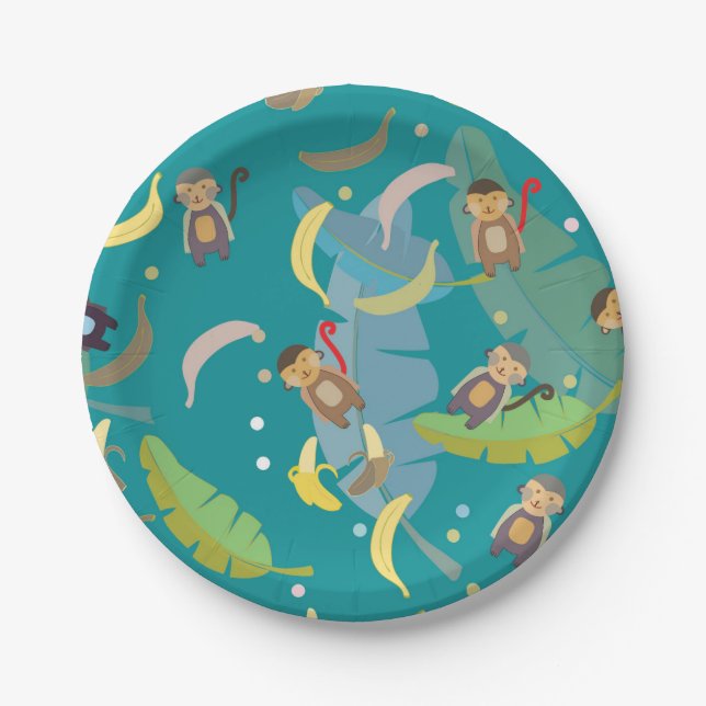 Cute Monkey and Bananas in Tree Pattern Birthday Paper Plate (Front)