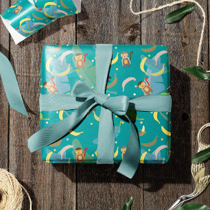 Cute Monkey and Bananas in Tree Pattern Birthday Wrapping Paper