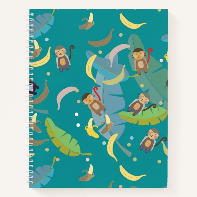 Cute Monkey and Bananas in Tree Pattern Notebook (Front)