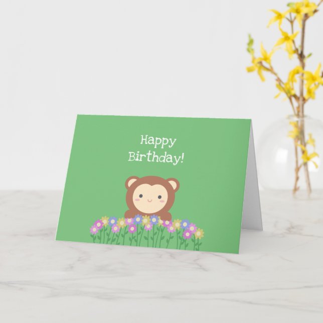 Cute Monkey and Flowers Sage Green Happy Birthday Card (Yellow Flower)