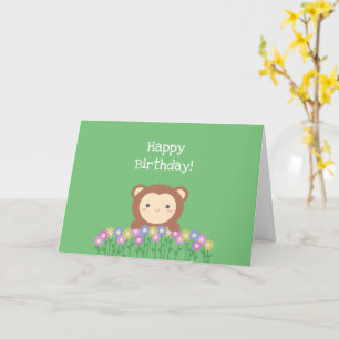 Cute Monkey and Flowers Sage Green Happy Birthday Card