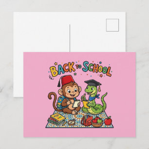Cute Monkey and Snake Back to School Cartoon Postcard