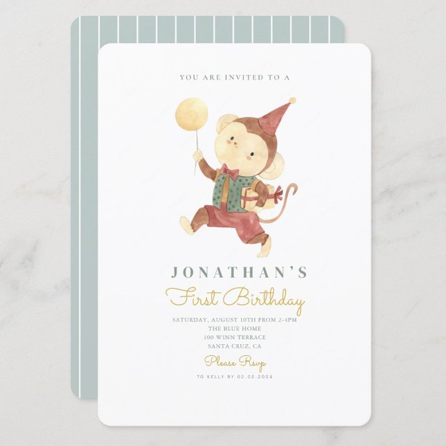 Cute Monkey & Balloon First Birthday 1st Birthday Invitation (Creator Uploaded)
