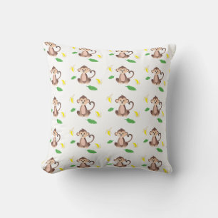 Cute Monkey Banana Tropical Leaf Pattern Green Cushion