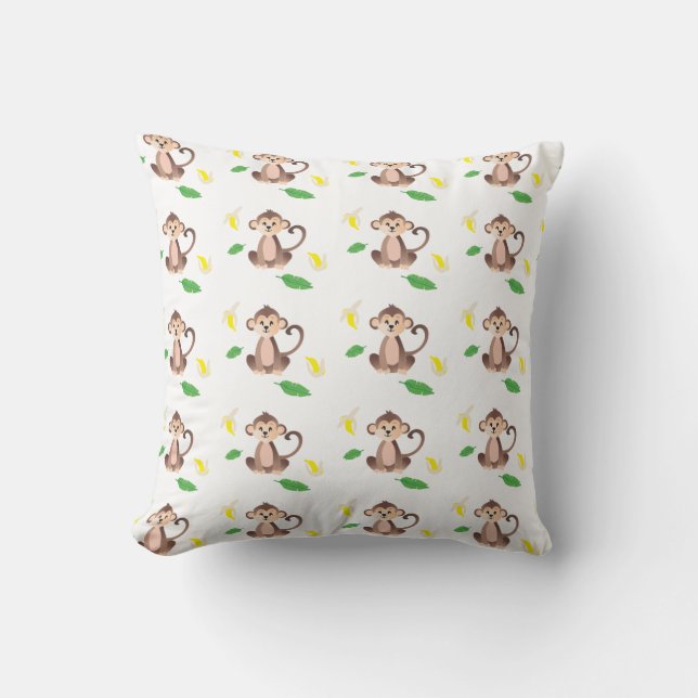 Cute Monkey Banana Tropical Leaf Pattern Green Cushion (Front)