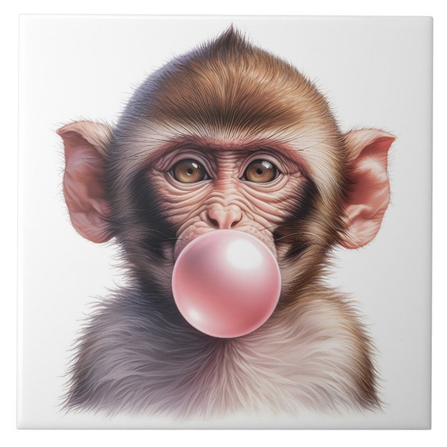 Cute Monkey Blowing Bubbles Bubble Gum Ceramic Tile (Front)