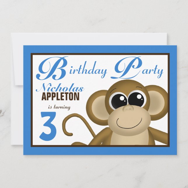 Cute Monkey Blue Birthday Party Invitations (Front)