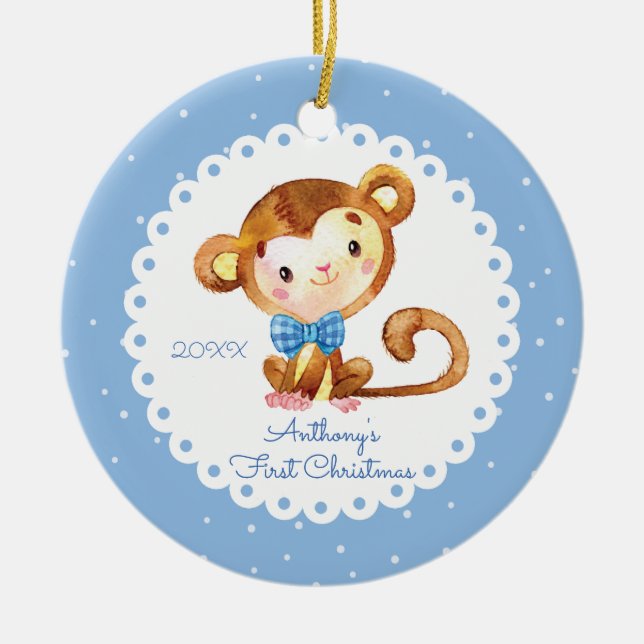 Cute Monkey Boy Baby's First Christmas Ornament (Front)