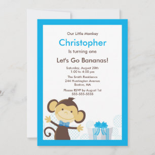 Cute Monkey Boy Birthday Invitation