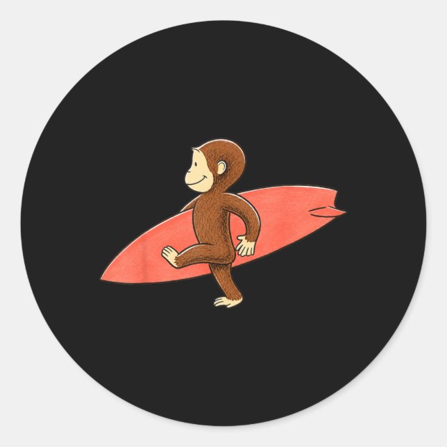 Cute Monkey Carrying Surfboard Beach Summer Classic Round Sticker (Front)
