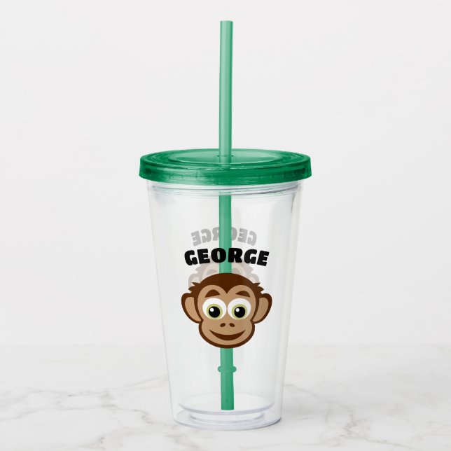 Cute monkey cartoon custom kid's name acrylic tumbler (Front)