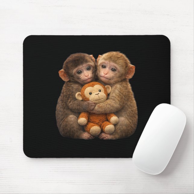 Cute Monkey Couple Hugging Monkey Punch Plush Art Mouse Pad (With Mouse)