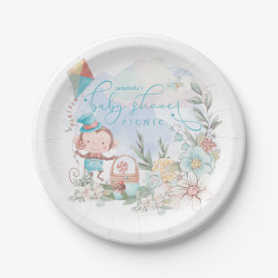 Cute Monkey Floral Boy Floral Baby Shower Picnic Paper Plate